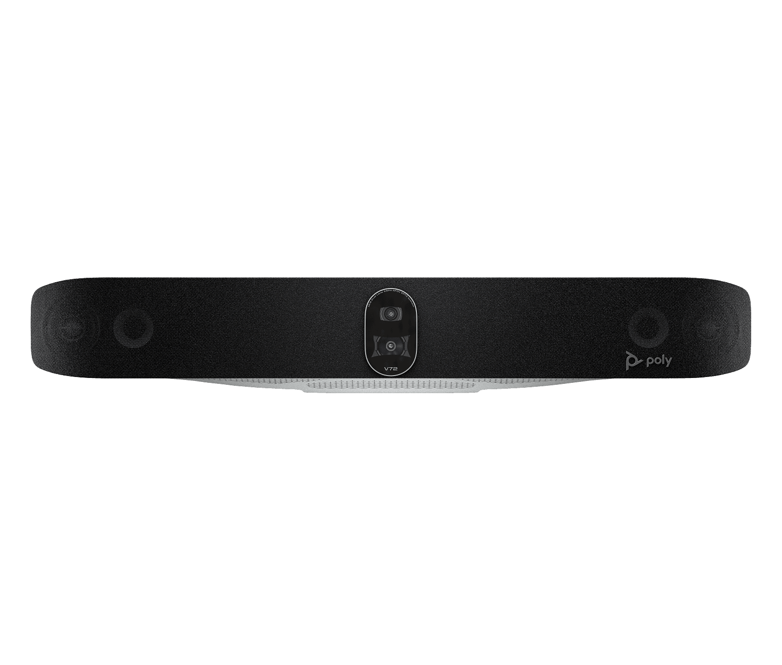 Poly Studio V72 video bar seen head on, white housing with a dark acoustic fabric front and the dual-lens camera module at the centre