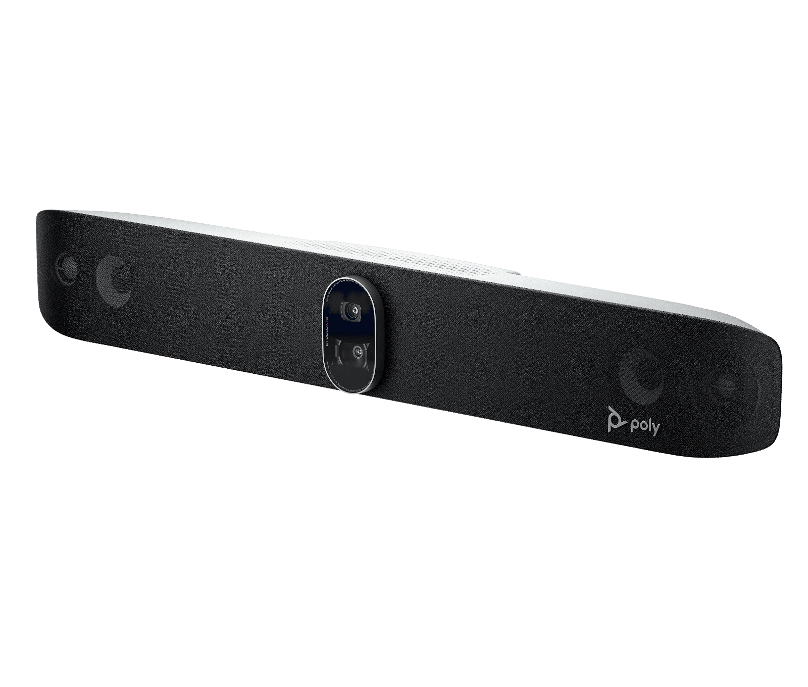 Poly Studio X72 all-in-one video bar in black at a three-quarter angle from the left, showing the dual-lens camera module at the centre of the bar