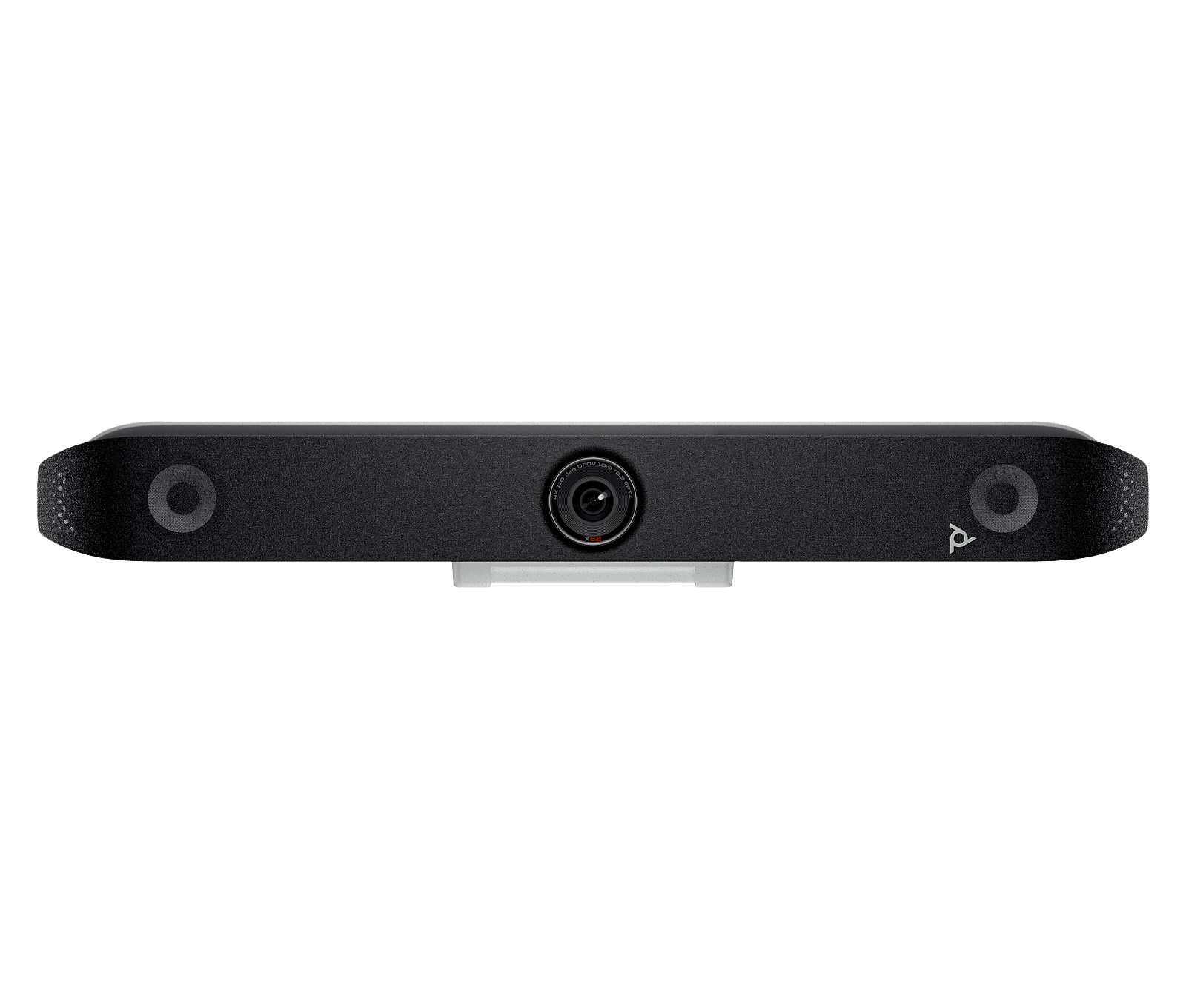 Poly Studio X52 all-in-one video bar seen head on, dark acoustic fabric front with the central camera module and the monitor clamp visible below