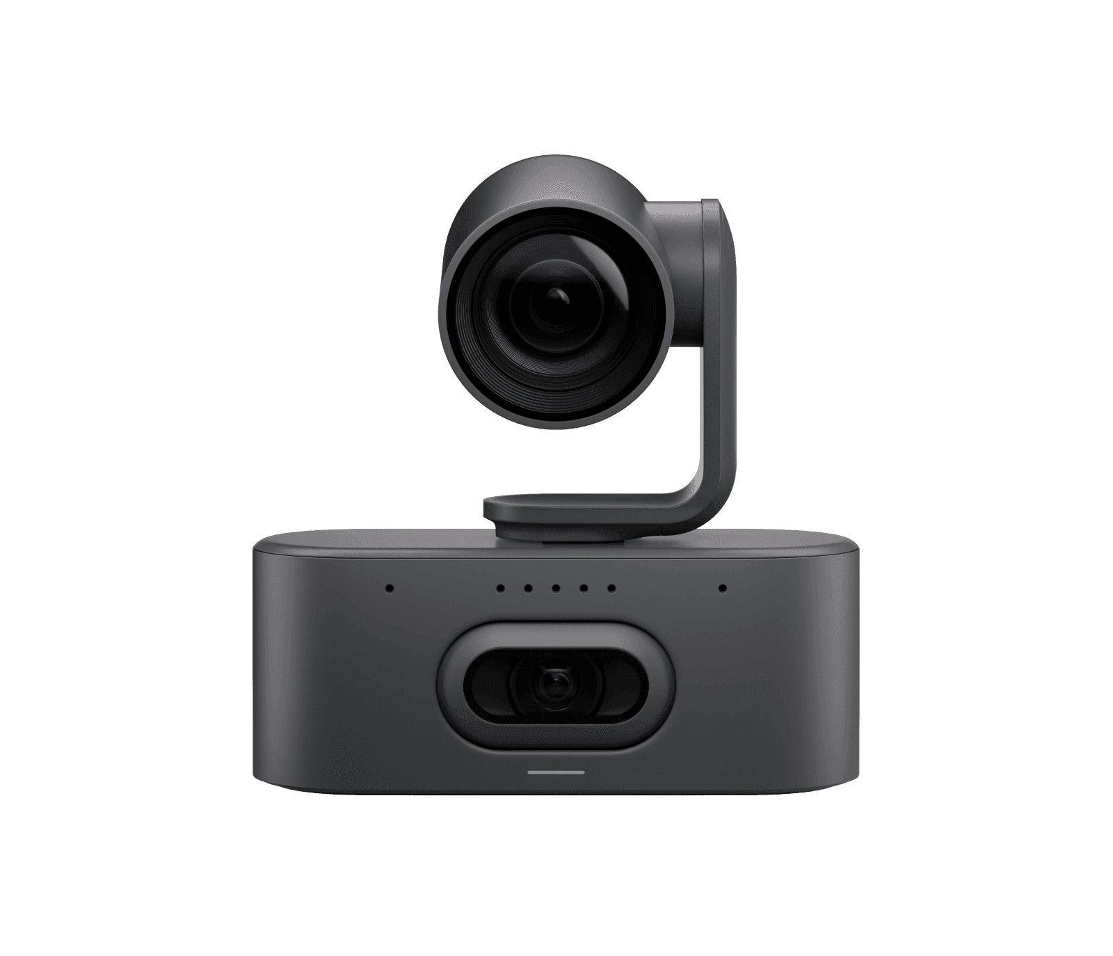 Logitech Rally AI Camera Pro in graphite, front view showing the motorised PTZ lens on its arm above the base and the wide digital PTZ lens set into the front of the base