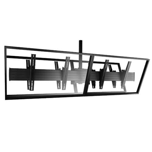 Chief LCB2X1U back-to-back ceiling menu board mount viewed from below at an angle, carrying four outlined landscape displays - two facing each way - from a single black ceiling column.