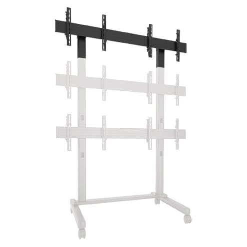 Chief FCA2X1U additional-row accessory picked out in black - a horizontal rail carrying two pairs of display interface brackets - shown fitted to the top of a ghosted white outline of a Chief two-wide freestanding video wall cart.