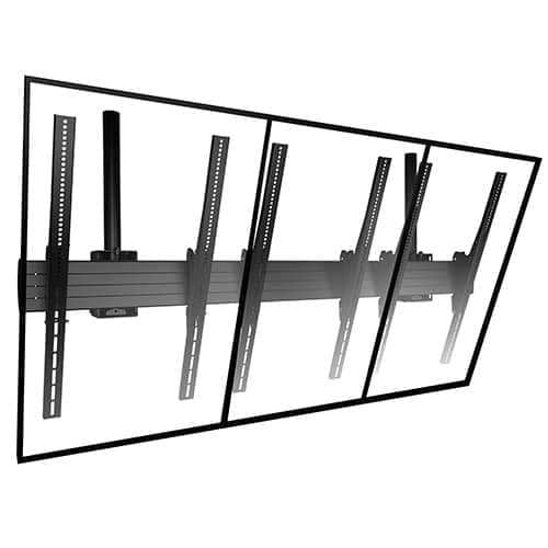 Chief LCM3X1UP ceiling menu board mount seen at an angle carrying three outlined portrait displays in a row, hung from a single black ceiling column with the horizontal rail and tall interface brackets visible through the panels.