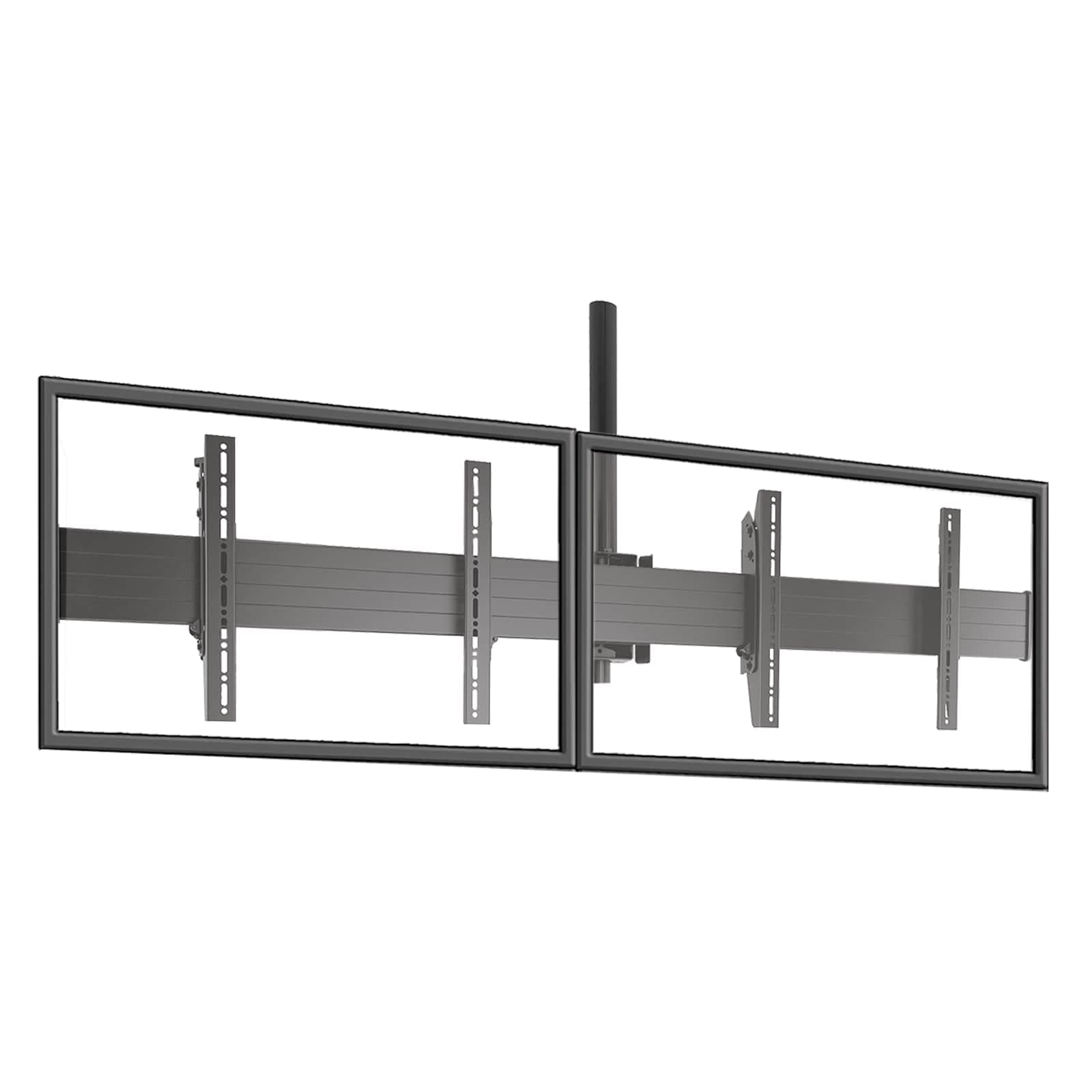 Chief LCM2X1U ceiling menu board mount shown at an angle carrying two outlined landscape displays side by side, hung from a single black ceiling column, with the grey horizontal rail and four display interface brackets visible through the panels.