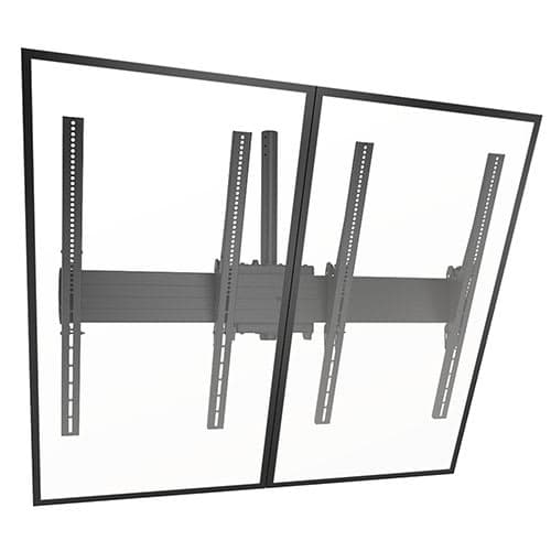 Chief LCM2X1UP ceiling menu board mount shown at an angle carrying two outlined portrait displays side by side from a single ceiling column, with the grey horizontal rail and four tall portrait interface brackets visible through the panels.