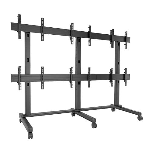 Chief LVM3X2U Fusion 3x2 landscape video wall cart in black, shown empty: three vertical columns carrying two rows of landscape screen rails on a rolling caster base.