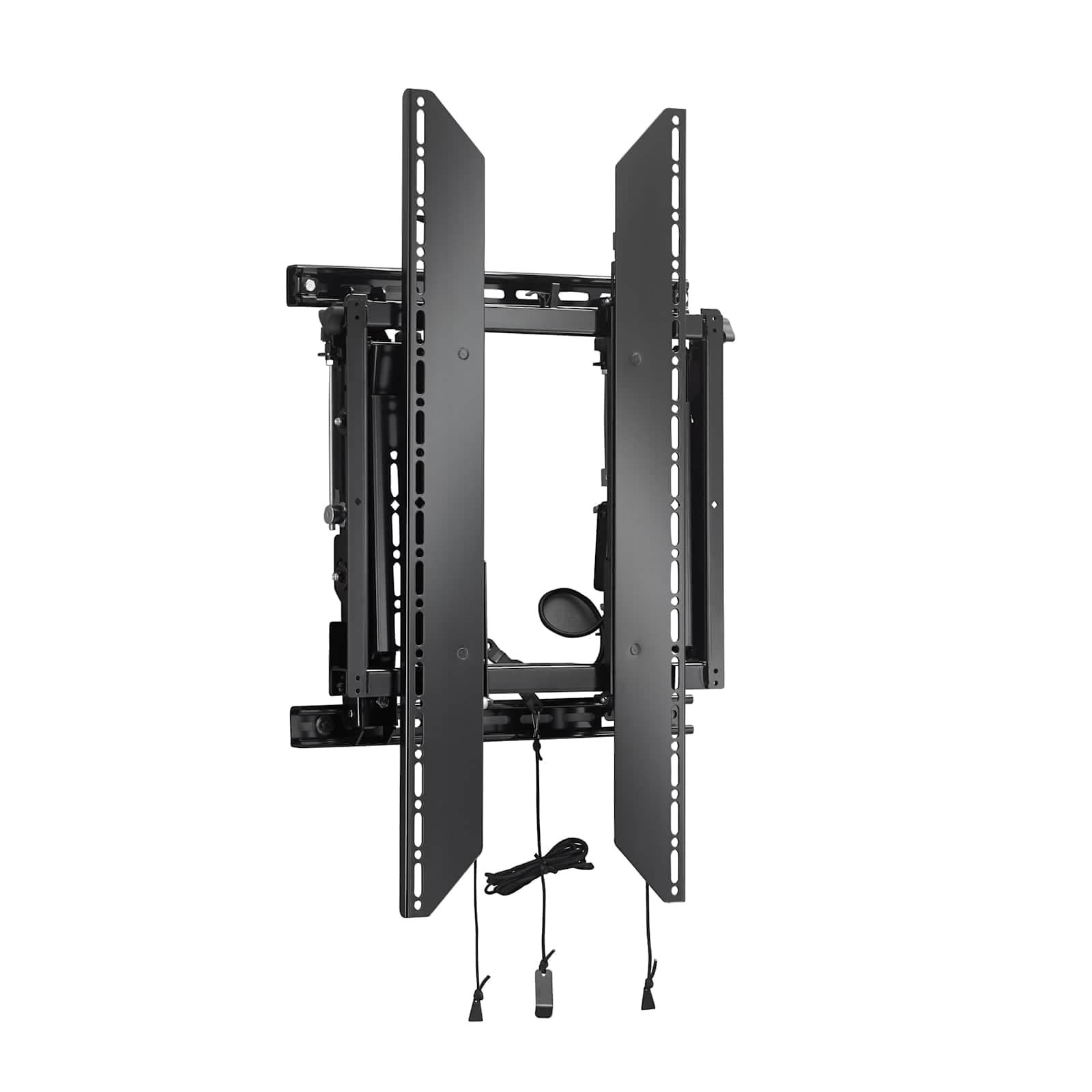 Chief LVS1UP ConnexSys portrait video wall mount, front view, hung on its two vertical strut-channel wall rails with the pull-release cords hanging below.