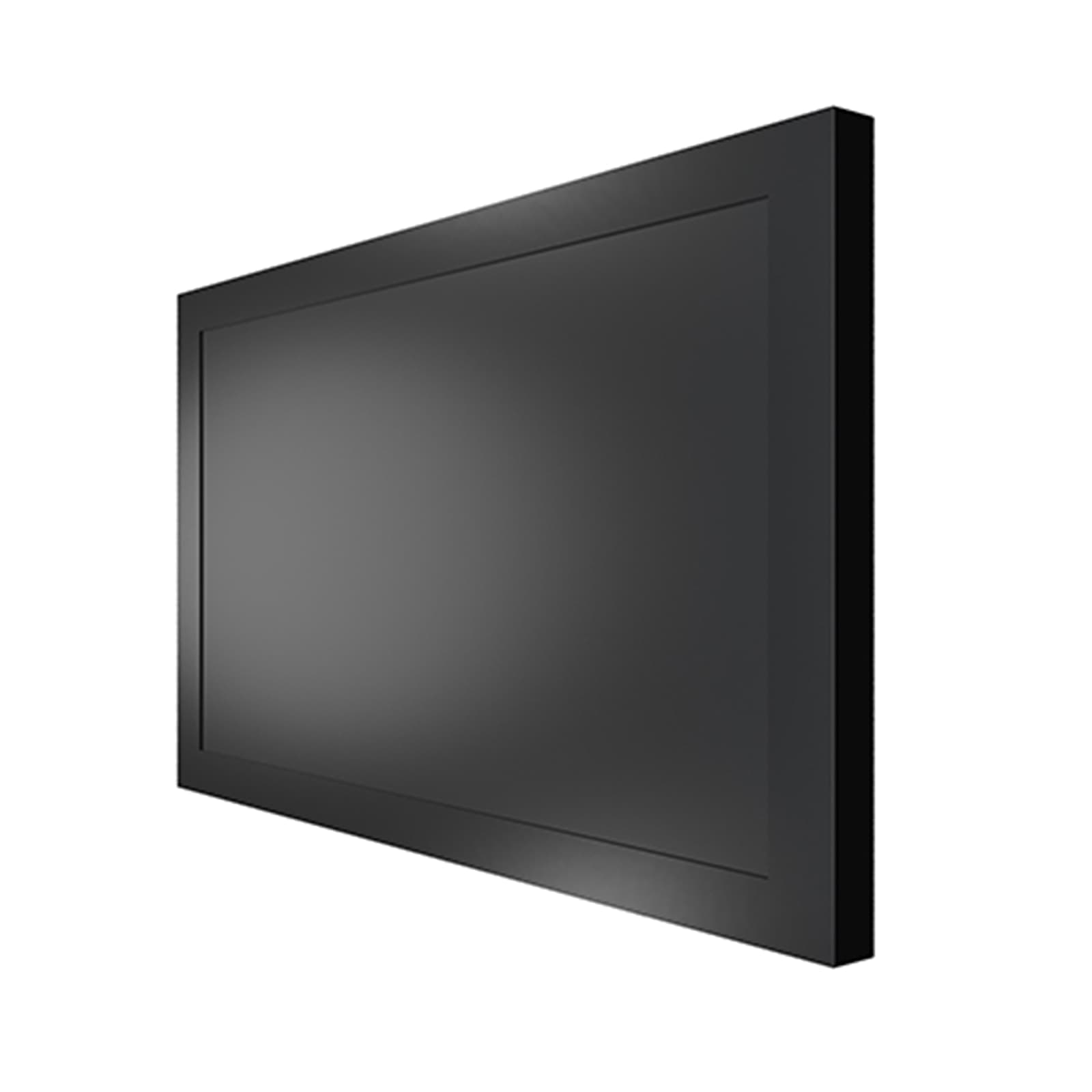 Chief Impact on-wall kiosk enclosure in black, closed, front three-quarter view. Series image — Chief publishes no separate photography for the 65-inch size, so the unit shown is the 55-inch model in the same range.