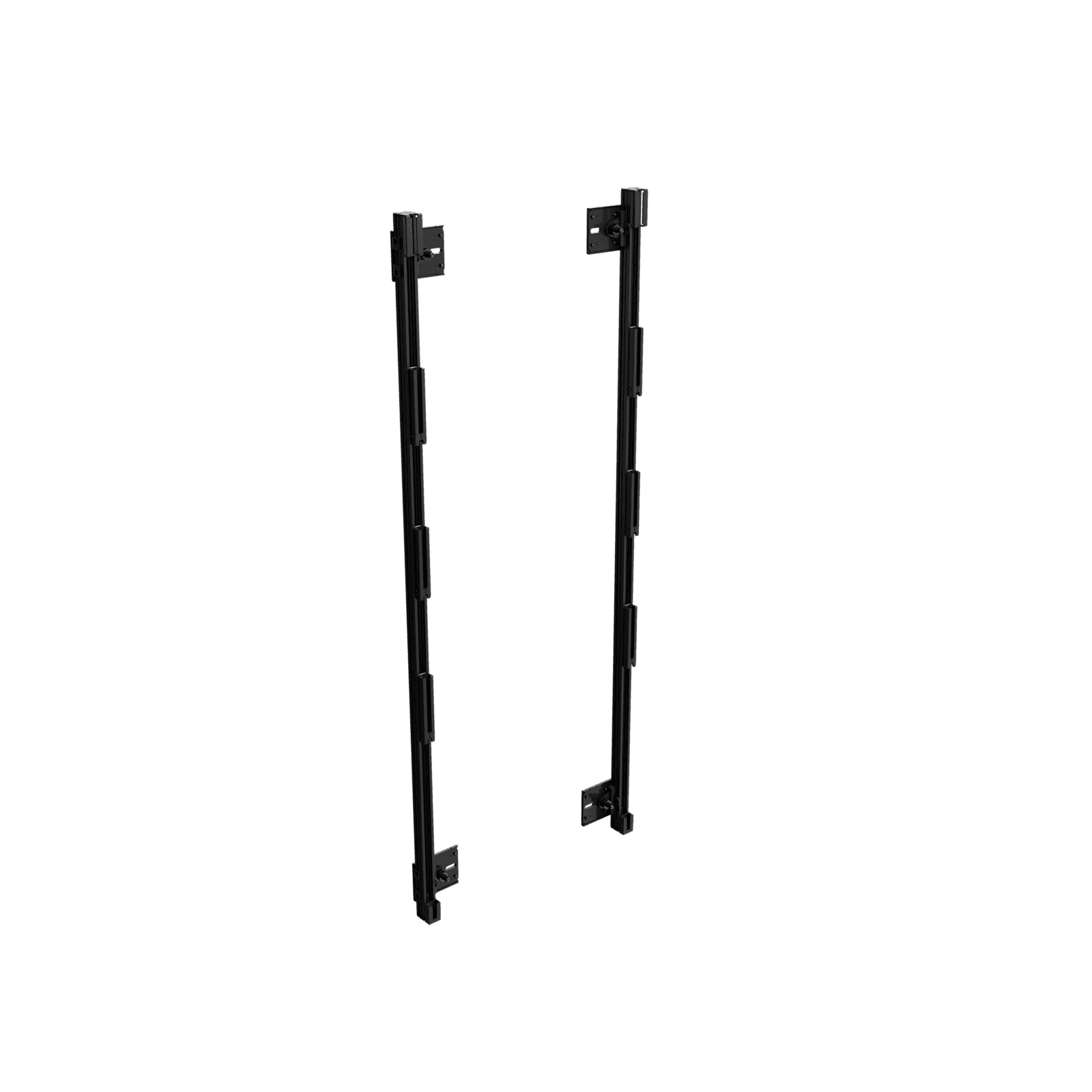 Chief DVM27U4 TiLED starter mount: the left and right vertical black extrusions that make up one four-panel-high column, each with wall plates at top and bottom and floating button-capture blocks along the rail.