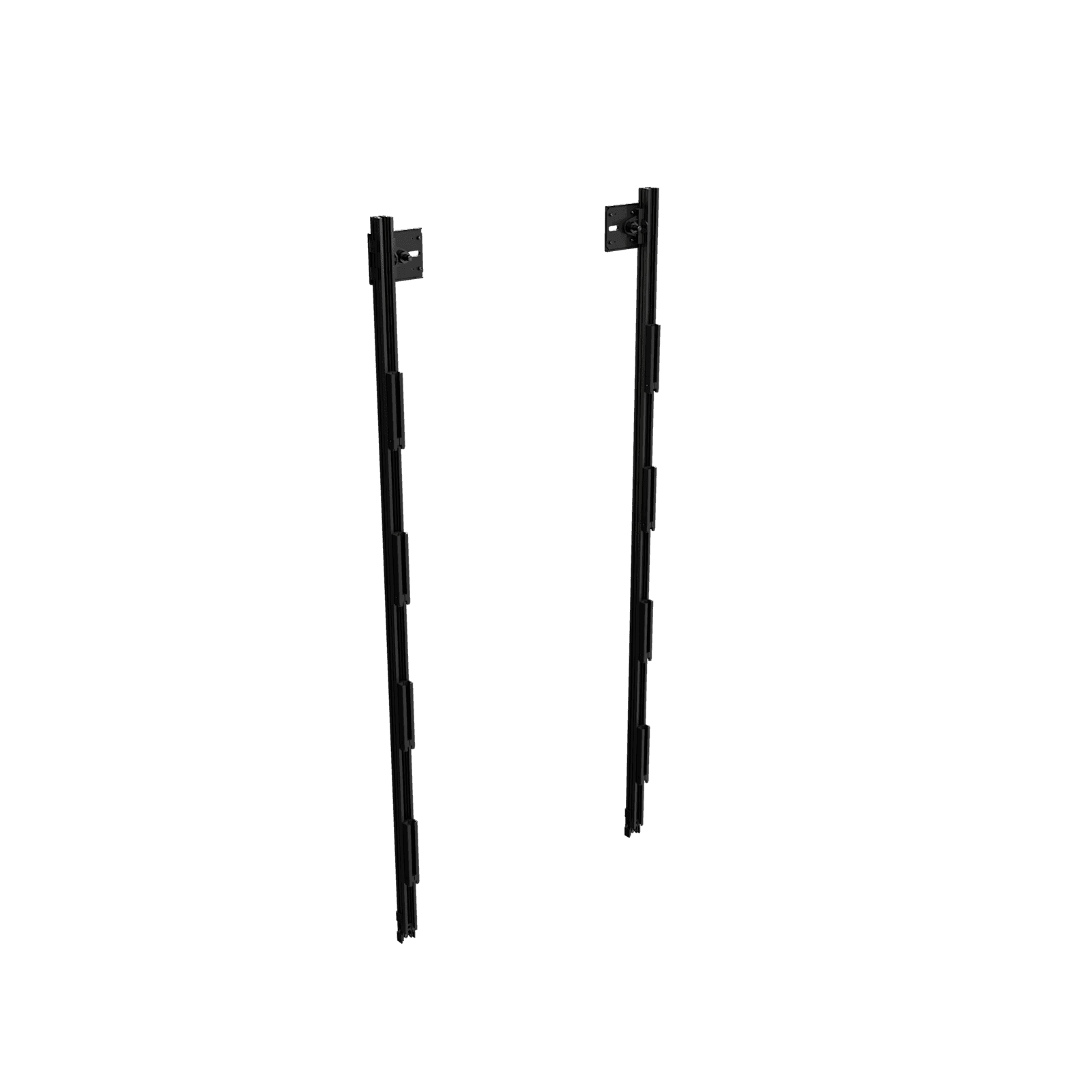 Chief DVM27U4E TiLED extender mount: the pair of vertical black extrusions that add four more panel positions to a column, shown with the single upper wall plate on each rail.
