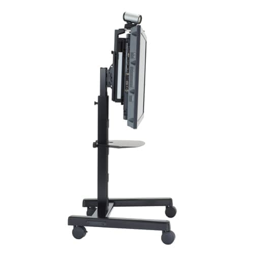 Chief PFCUB large flat panel mobile AV cart in black, side view, with a display mounted on the tilting interface bracket. The accessory shelf and camera shown are not included.