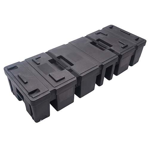 Chief PAC900 hard case in black, closed, shown at an angle: a long moulded shell with recessed latches, moulded handles and wheels at one end.