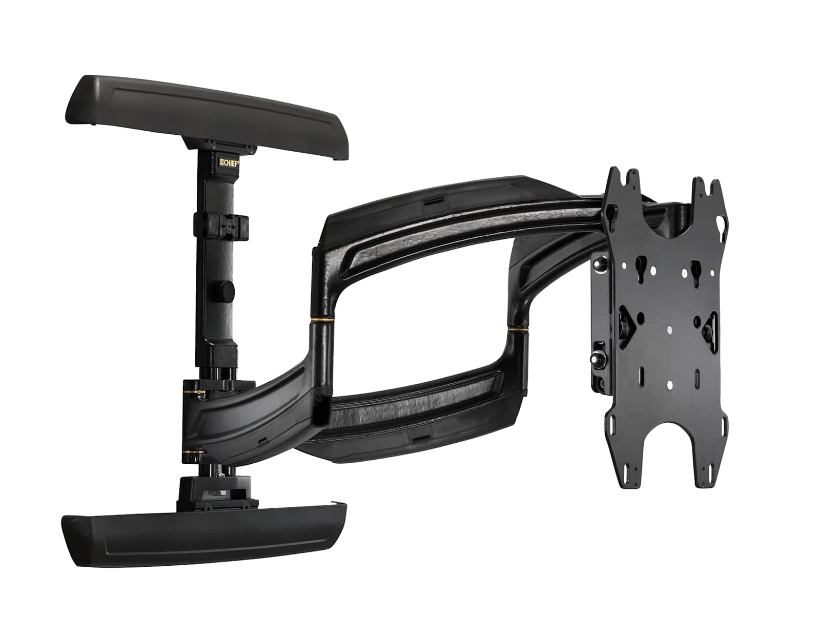 Chief TS525TU dual swing arm wall mount shown alone in black, arms extended, with the display interface plate on the right.