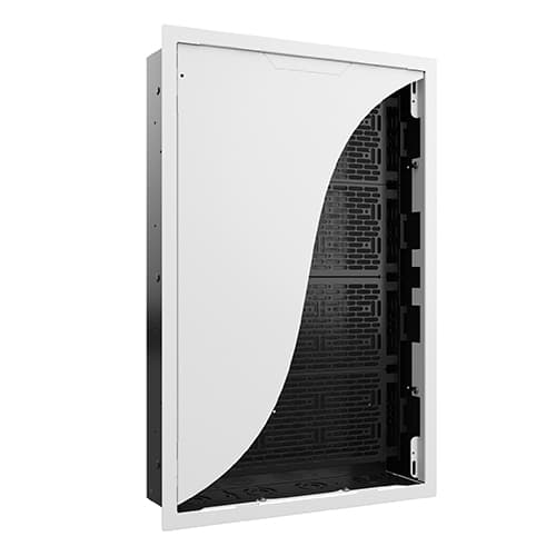 Chief PAC527LFCW in-wall storage box shown at an angle with its white flange and white cover partly open, revealing the ventilated black interior.
