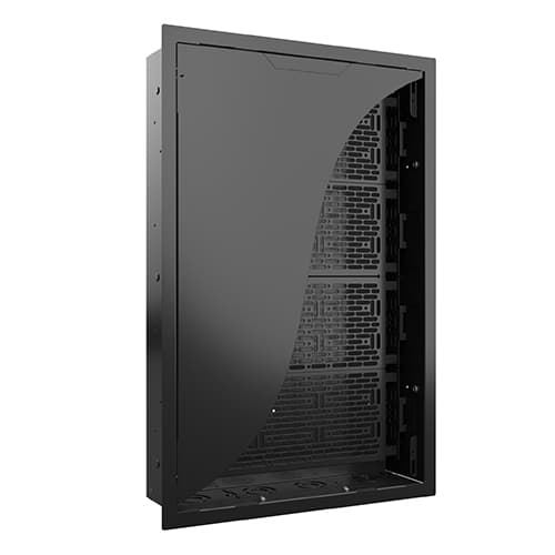 Chief PAC527LFC in-wall storage box shown at an angle in all-black, cover partly open to show the ventilated interior.