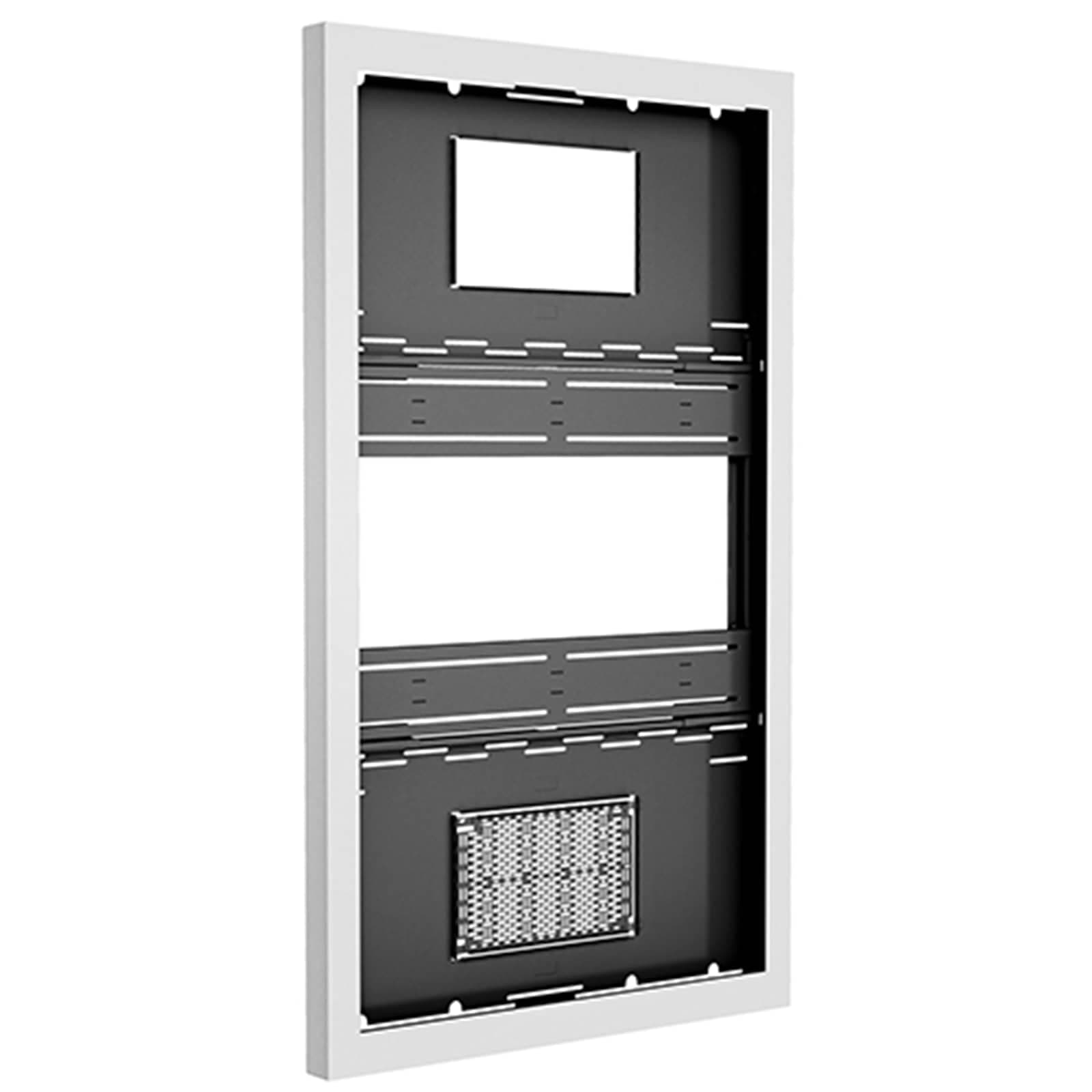 Chief LW75UWP Impact on-wall kiosk enclosure in white, portrait 75 inch, door removed to show the internal display rails, cable aperture and vented equipment tray