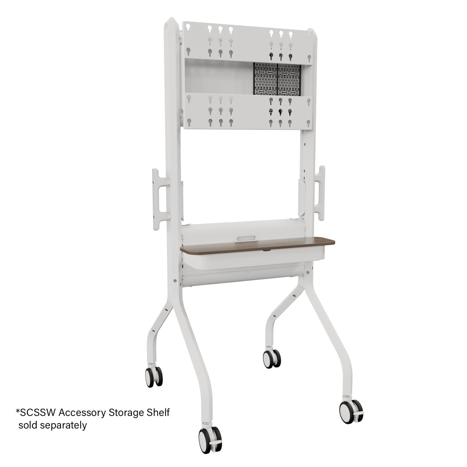 Chief Voyager mobile AV cart in white, shown without a display so the mounting rail, concealed storage bay and casters are visible. The woodgrain shelf shown is the SCSSW accessory, sold separately.