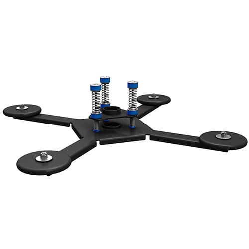 Chief CMA348 large venue vibration isolating coupler in black: a four-arm steel plate with three blue-and-chrome spring isolators at its centre.