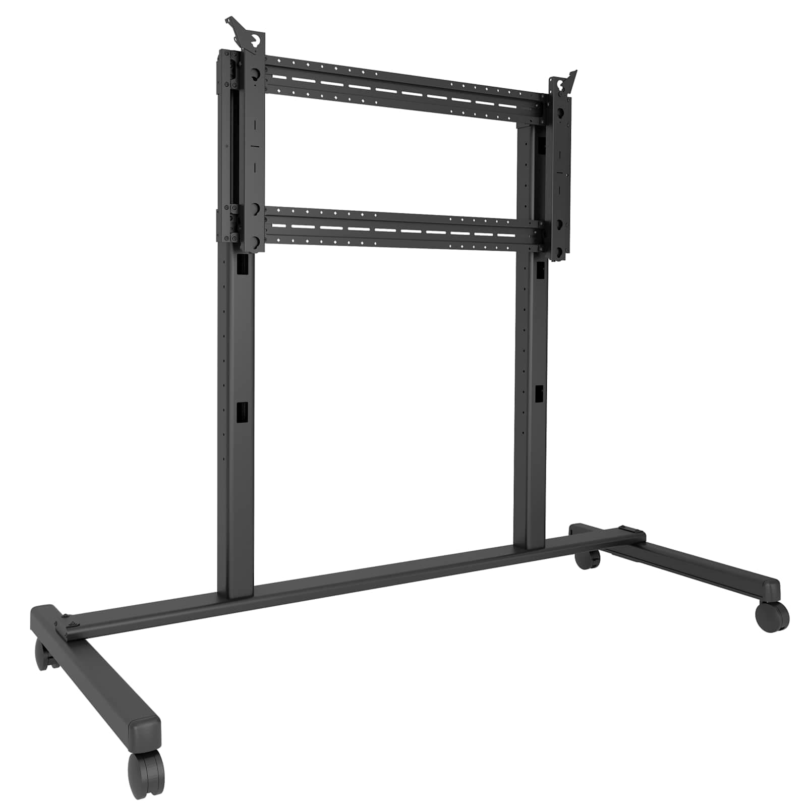 Chief XVM1U Fusion extra-large mobile display cart in black, three-quarter view: twin uprights carrying a wide universal interface bar above a splayed castored base. Display not included.