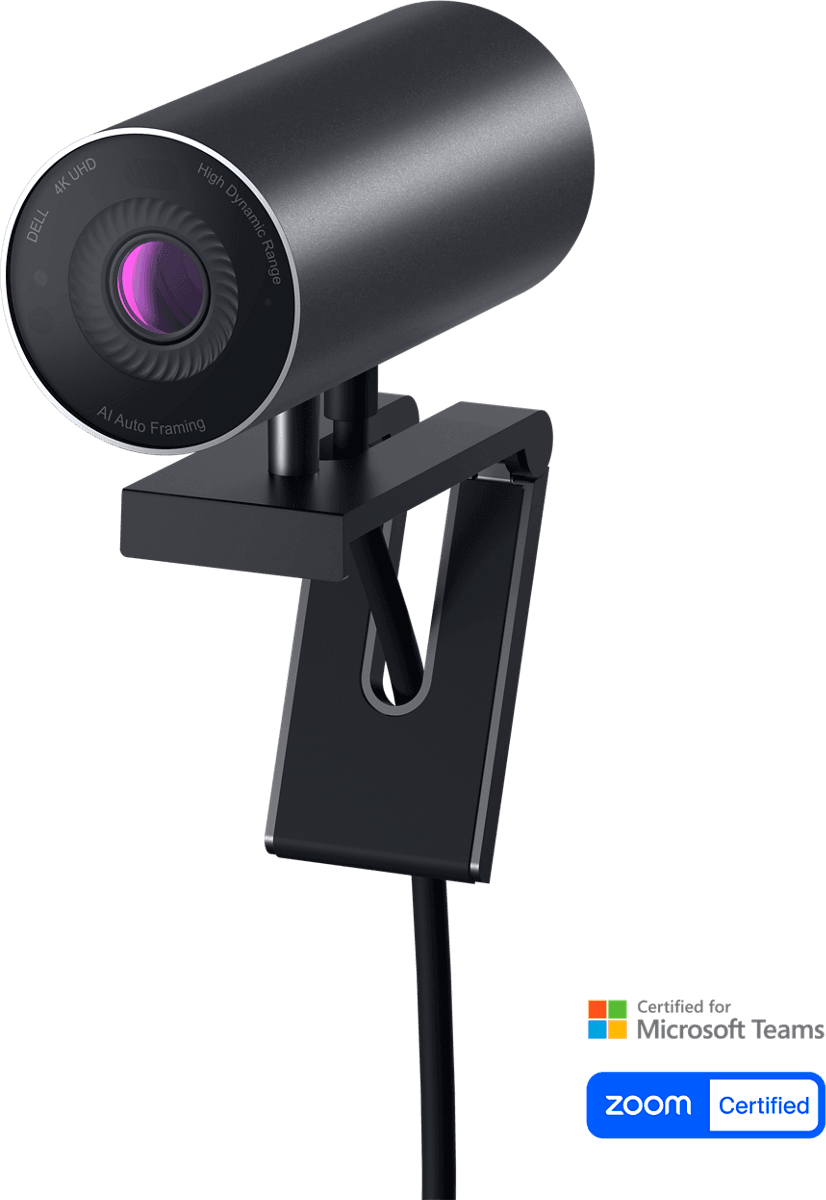 Dell UltraSharp Webcam WB7022, official Dell product image of the cylindrical aluminium webcam on its monitor mount