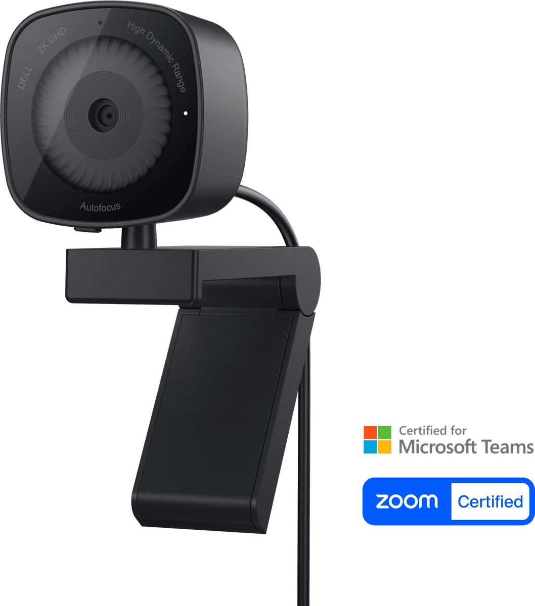 Dell Webcam WB3023, official Dell product image of the black webcam on its monitor clip