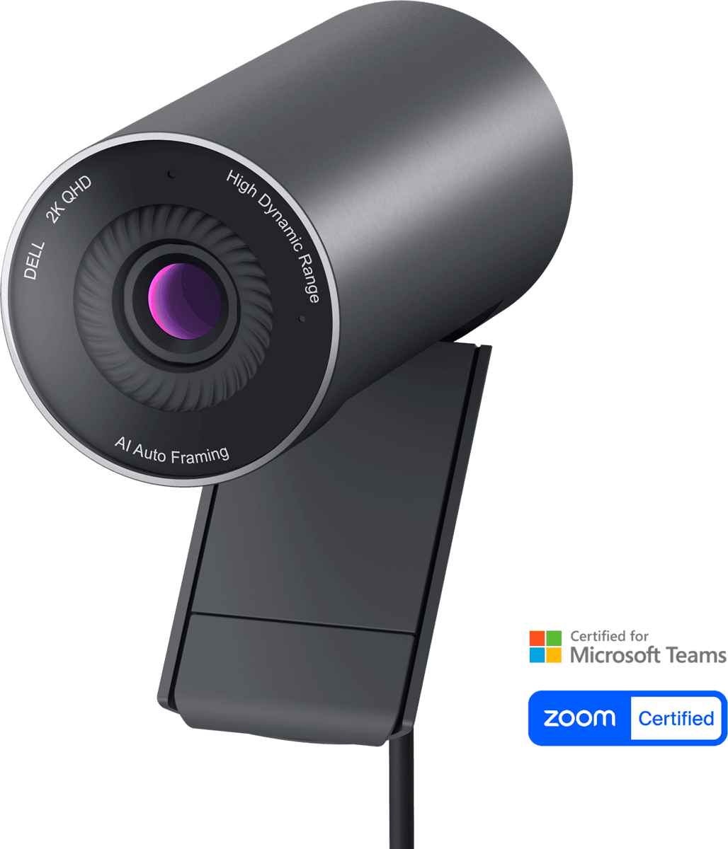 Dell Pro Webcam WB5023, official Dell product image of the cylindrical black webcam on its monitor mount