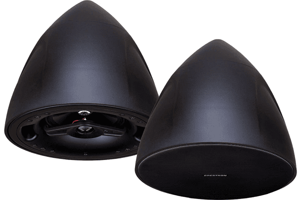 Two black Crestron Saros PD6T pendant speakers, one with the grille fitted and one with the grille removed to show the woofer and tweeter.