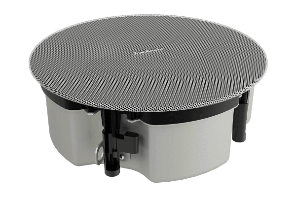 Angled view of a single Crestron Saros IC6VLPT in-ceiling speaker with its white grille fitted, showing the shallow back can and swivelling mounting dogs.