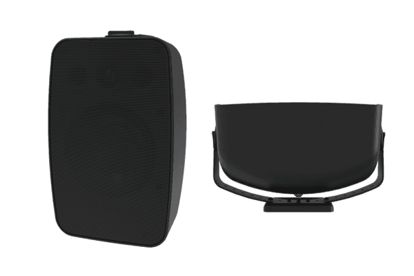 Two views of the black Crestron Saros SMT6T-AW surface mount speaker - front grille and side profile on its mounting yoke.