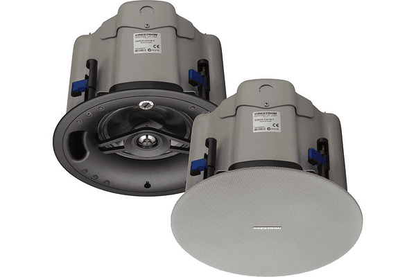 Two Crestron Saros IC6T in-ceiling speakers, one with the white grille fitted and one with the grille removed to show the woofer and tweeter.