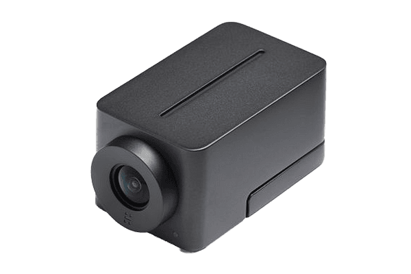 Angled view of the black Crestron CCS-CAM-USB-F-400 (Huddly IQ) collaboration camera showing the wide-angle lens.