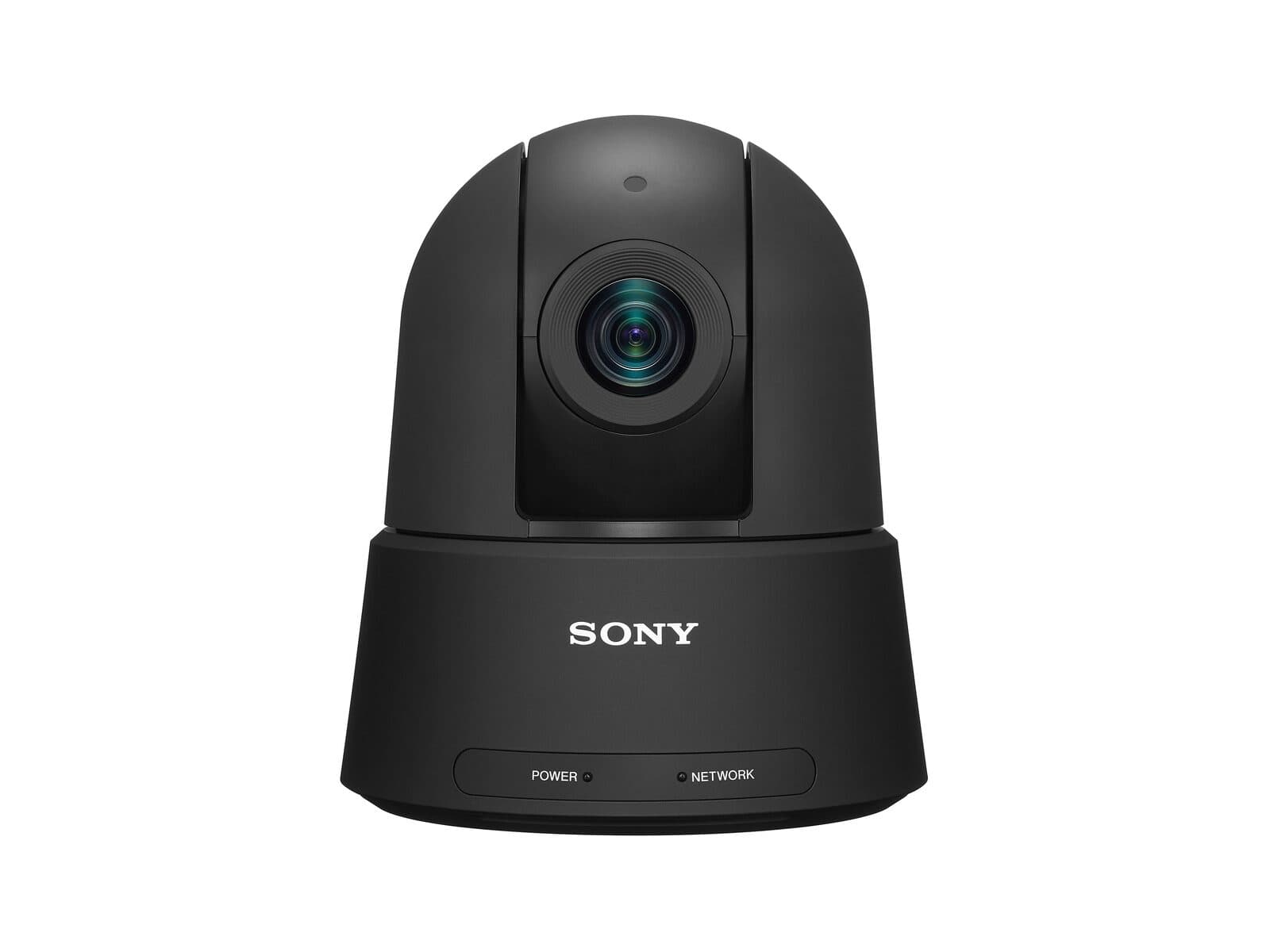 Sony SRG-A40 4K PTZ auto framing camera (black) — front-on. Sony uses one photo set for the SRG-A series, so this shot also represents the SRG-A12 chassis.