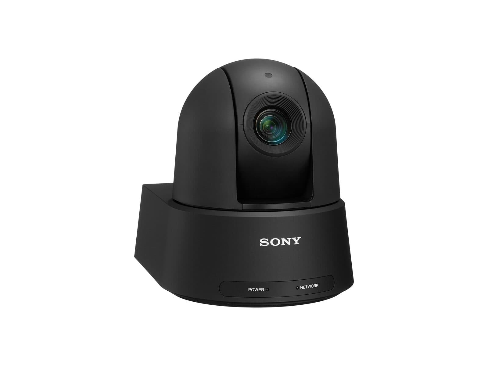 Sony SRG-A12 4K PTZ auto framing camera (black) — front three-quarter. Sony uses one photo set for the SRG-A series, so this shot also represents the SRG-A40 chassis.
