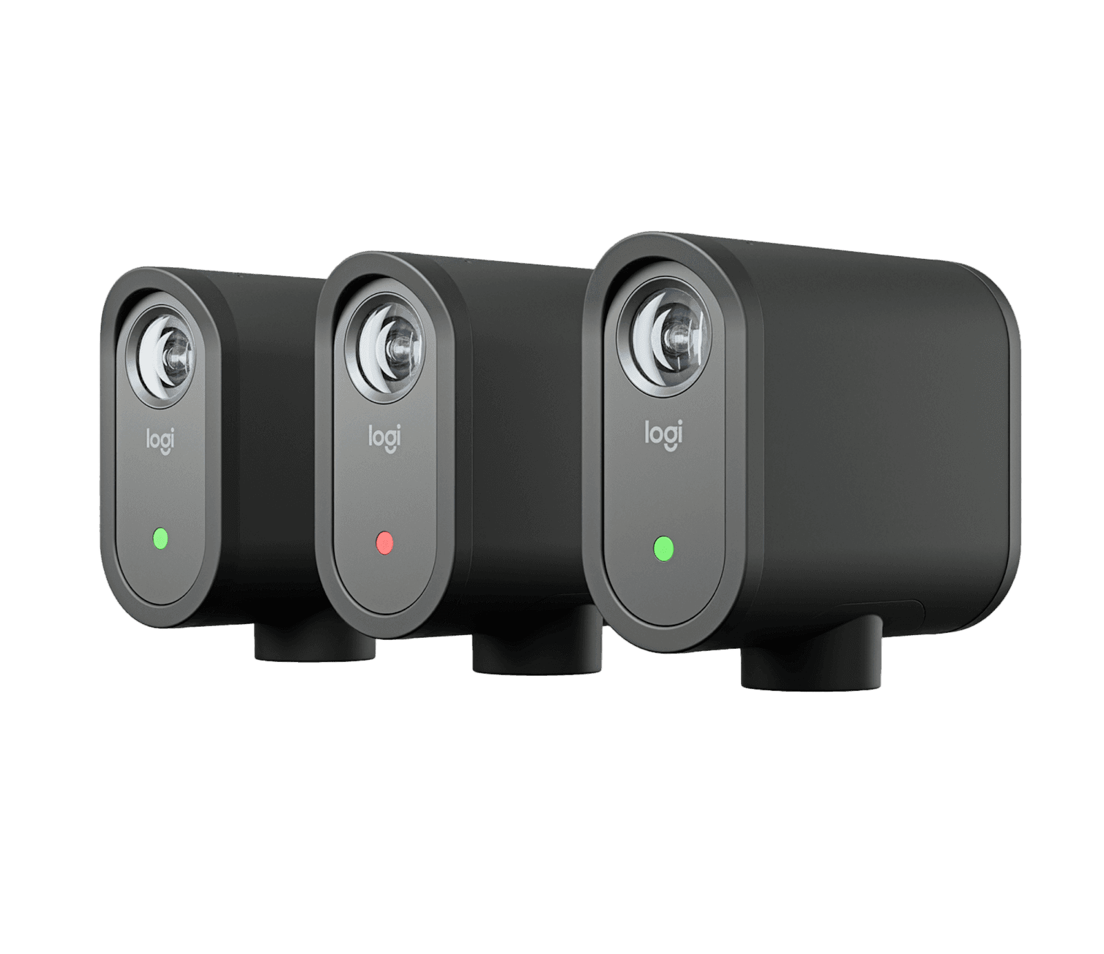 The three Logitech Mevo Start for Business cameras supplied in the 3-pack, shown front-on together — Logitech publishes one photograph across the Mevo Start range; it does not show how many cameras this part number contains.