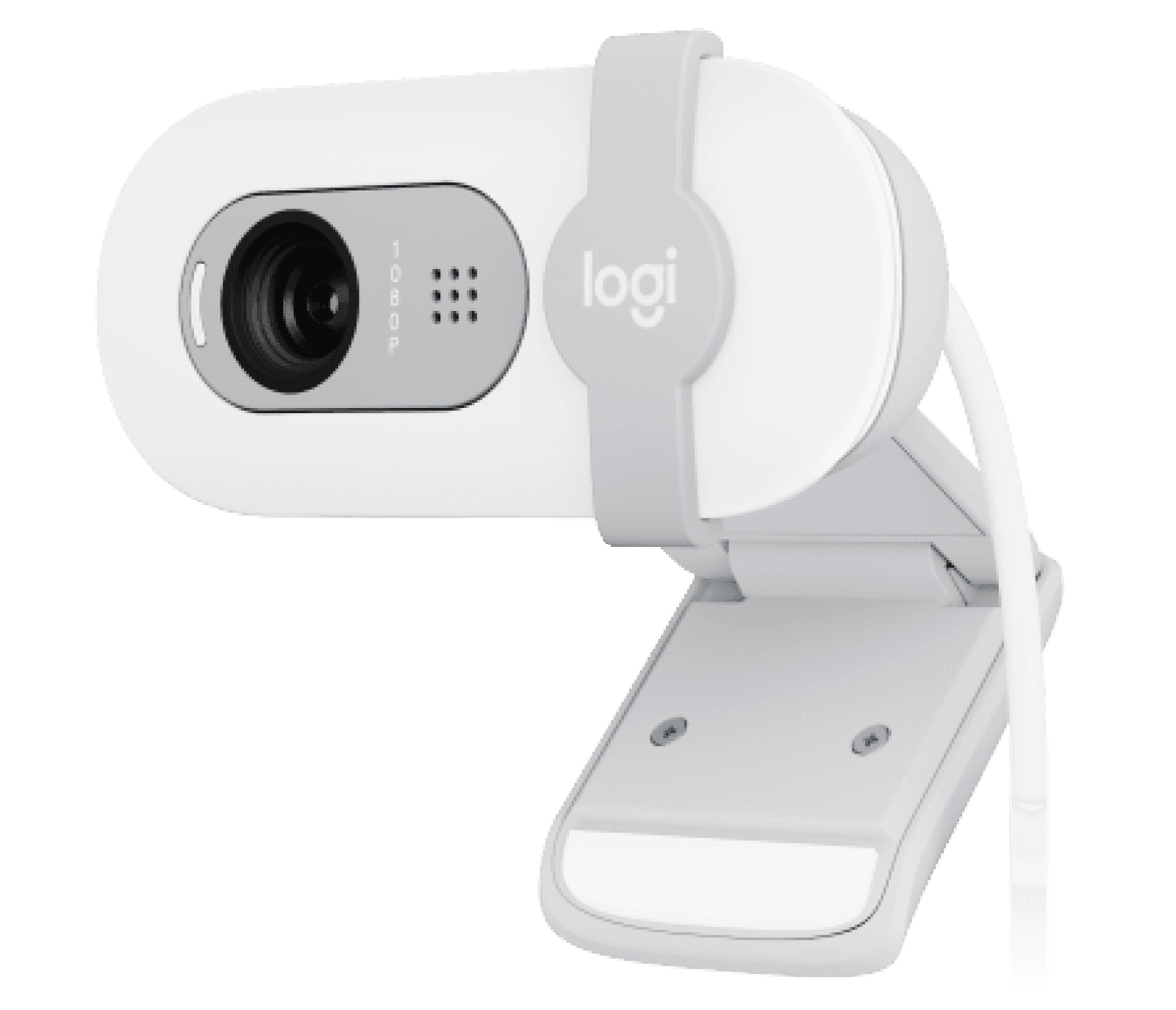 Logitech Brio 100 webcam in off-white, front three-quarter view showing the lens and the sliding privacy shutter