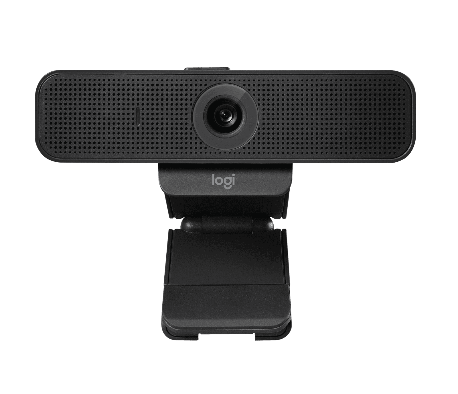 Logitech C925e business webcam in black, front three-quarter view on its clip