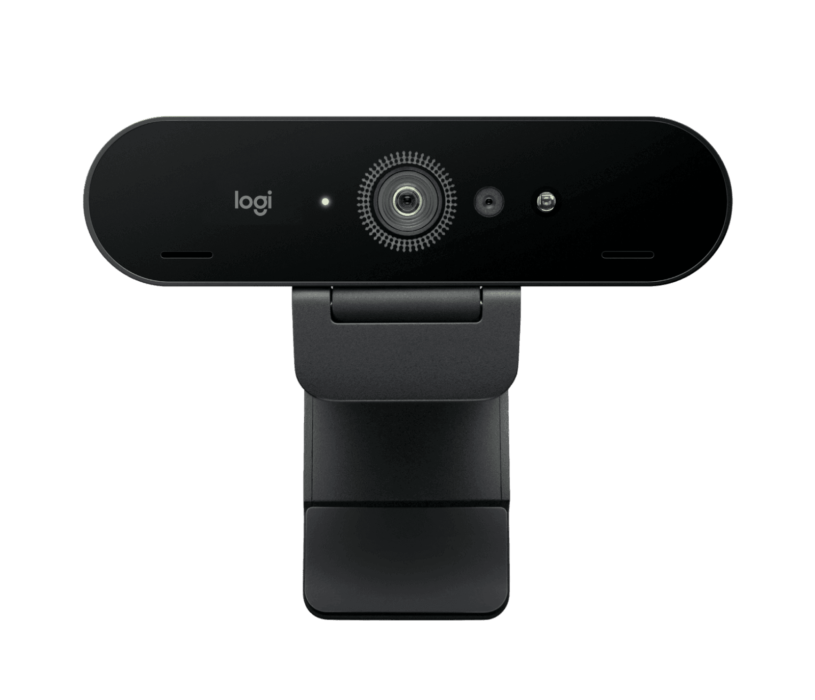 Logitech 4K Pro webcam in graphite, front three-quarter view showing the lens and infrared sensor — Logitech publishes one photograph for both packages of this 4K camera; the hardware is identical.