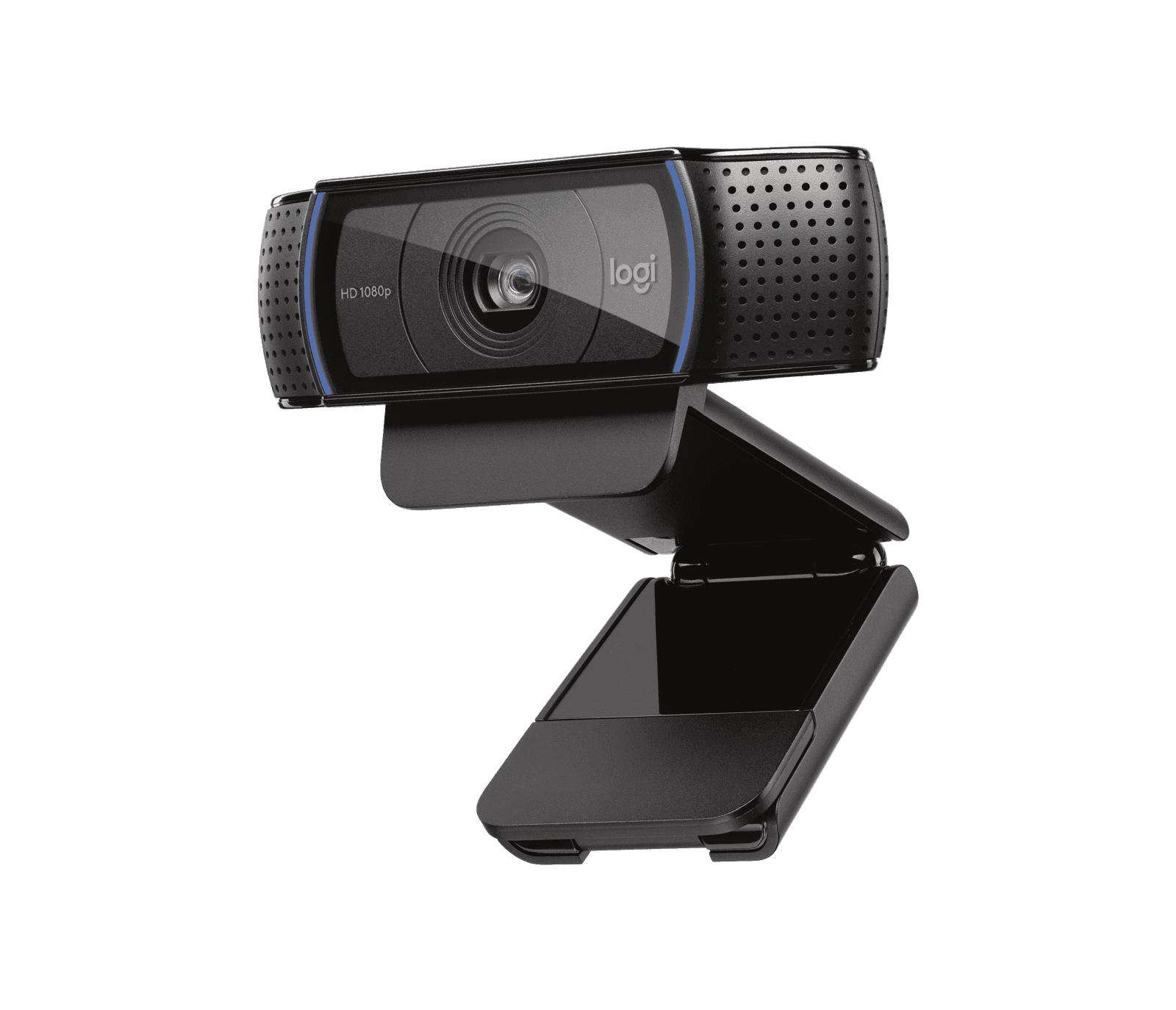 Logitech C920 HD Pro webcam in black, front three-quarter view on its hinged clip