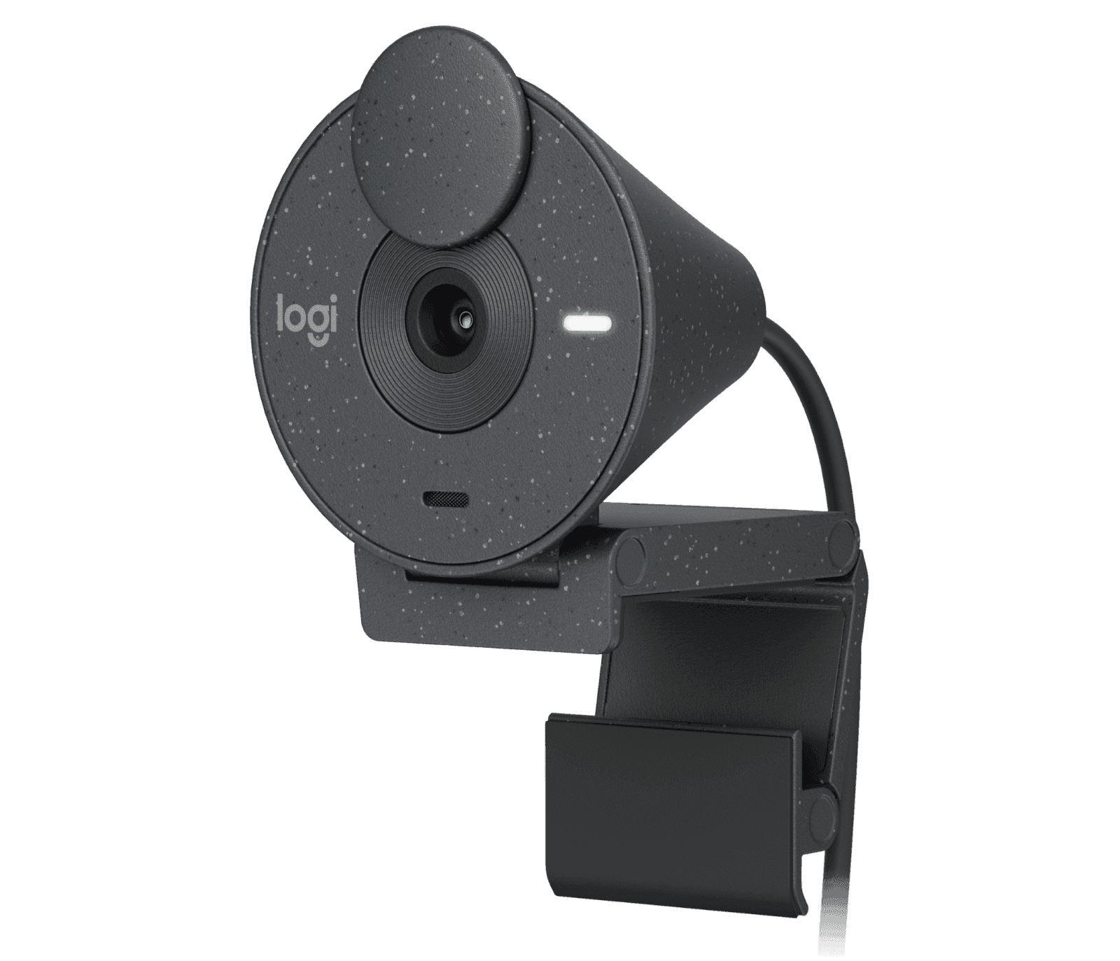 Logitech Brio 305 business webcam in graphite, front three-quarter view with the privacy shutter open — Logitech publishes one photograph for this camera across its consumer and business part numbers; the hardware is identical.