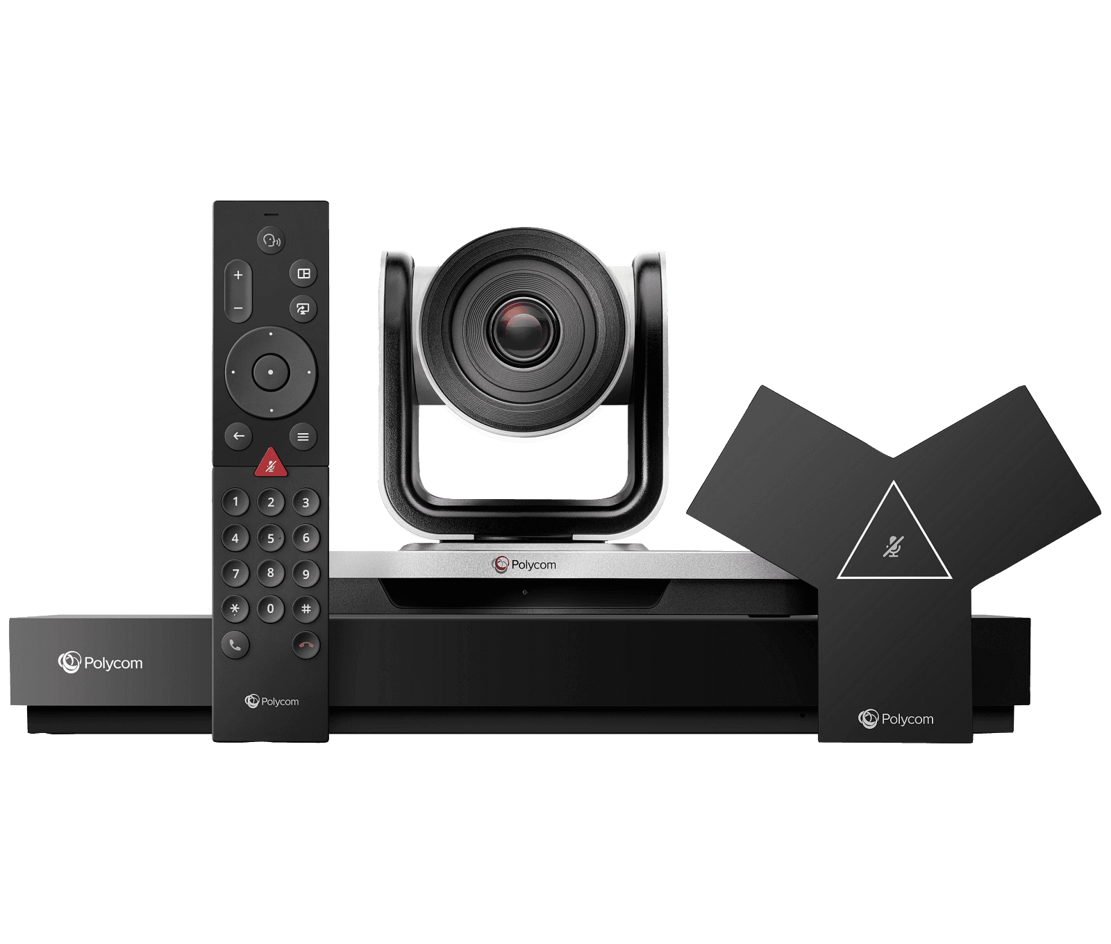 Poly G7500 codec shown with the EagleEye IV camera, IP microphones and remote — HP publishes one G7500 photograph across this range; it does not show which camera and accessories this part number includes.