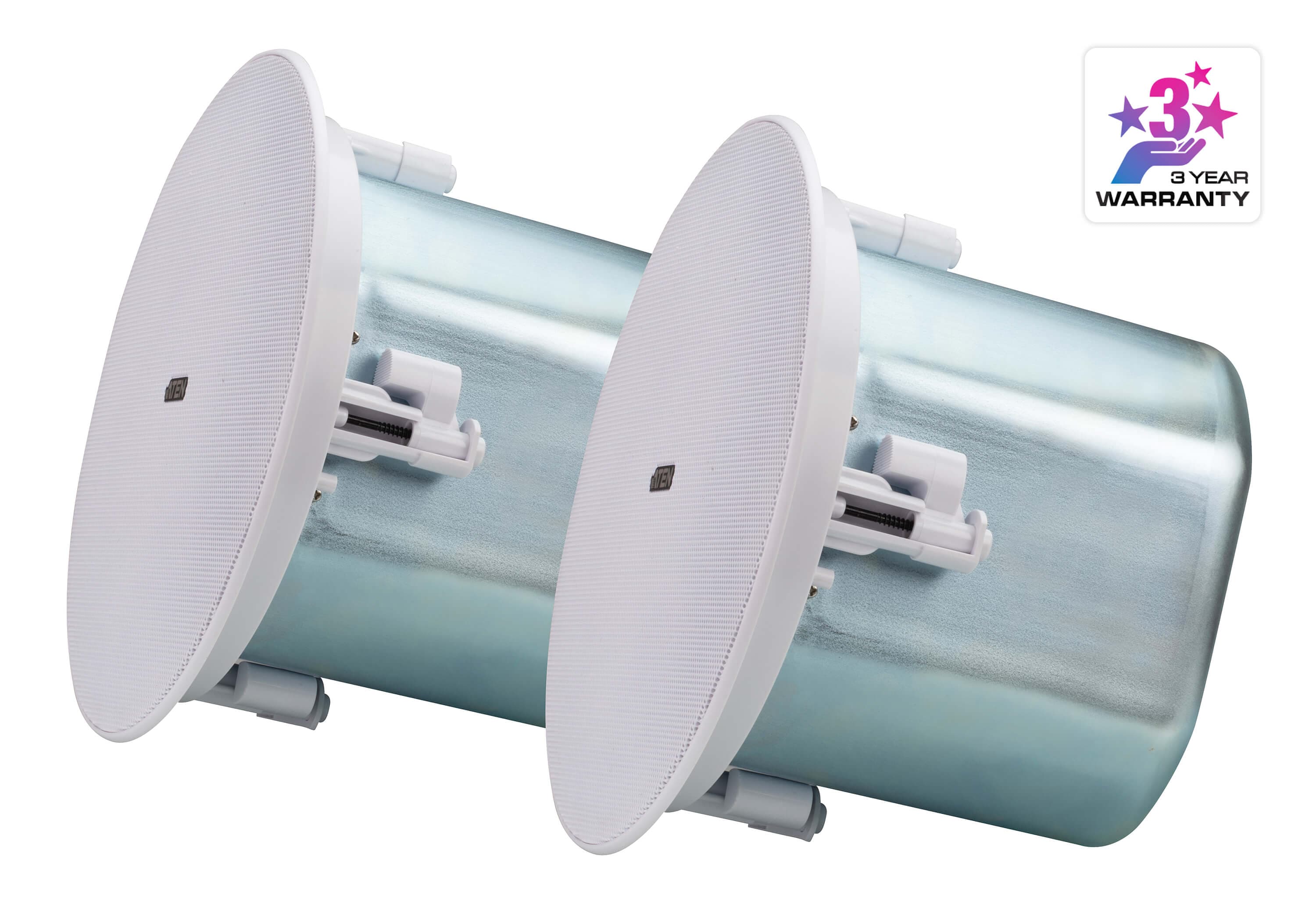 ATEN AS106 6.5-inch coaxial ceiling loudspeaker, three-quarter view with the white grille fitted