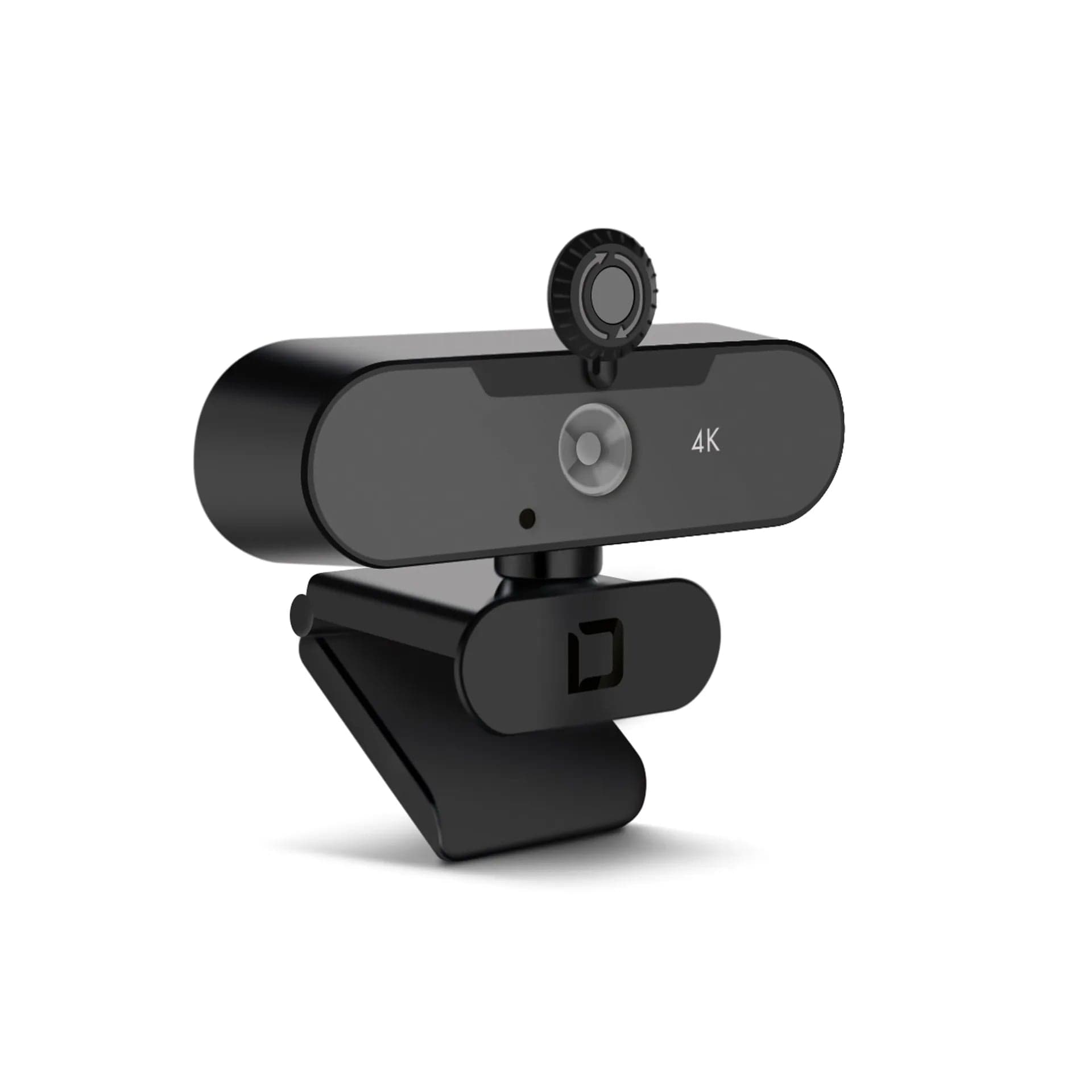 DICOTA Webcam PRO Plus 4K, front view of the black webcam on its monitor clip