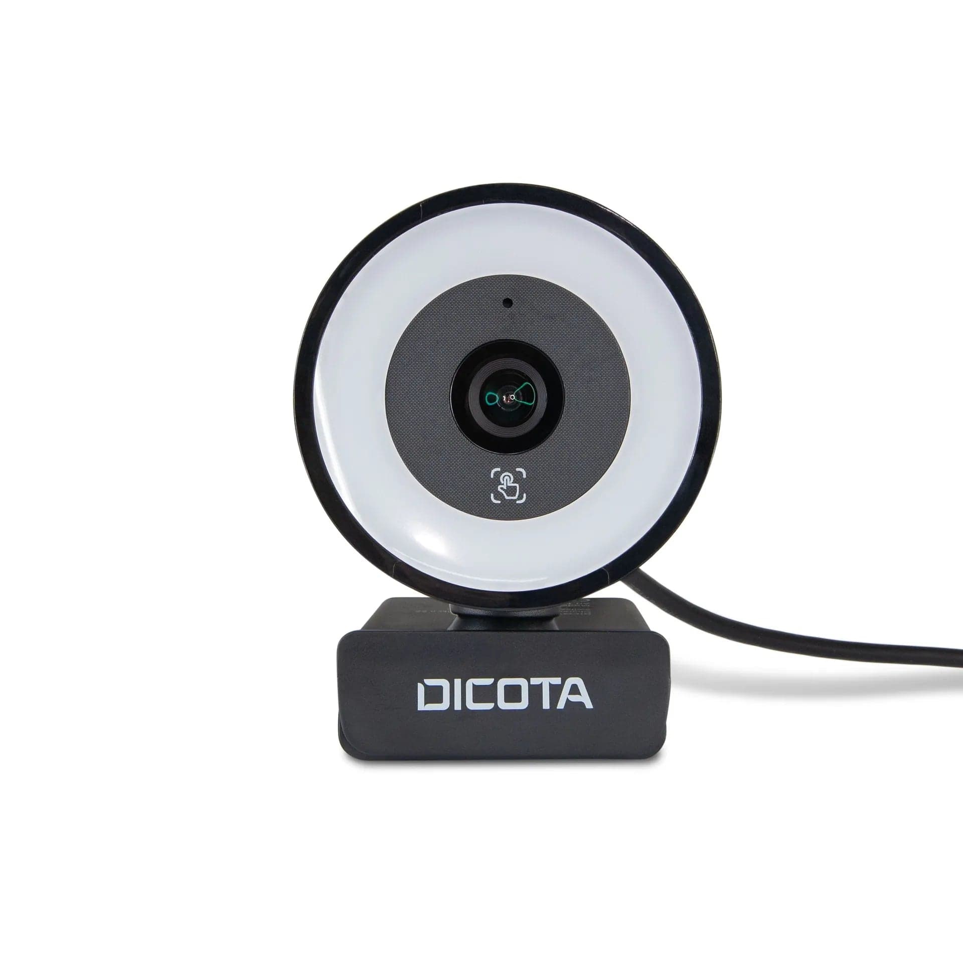 DICOTA Webcam Ringlight 5MP, front view of the webcam with the circular ring light around the lens
