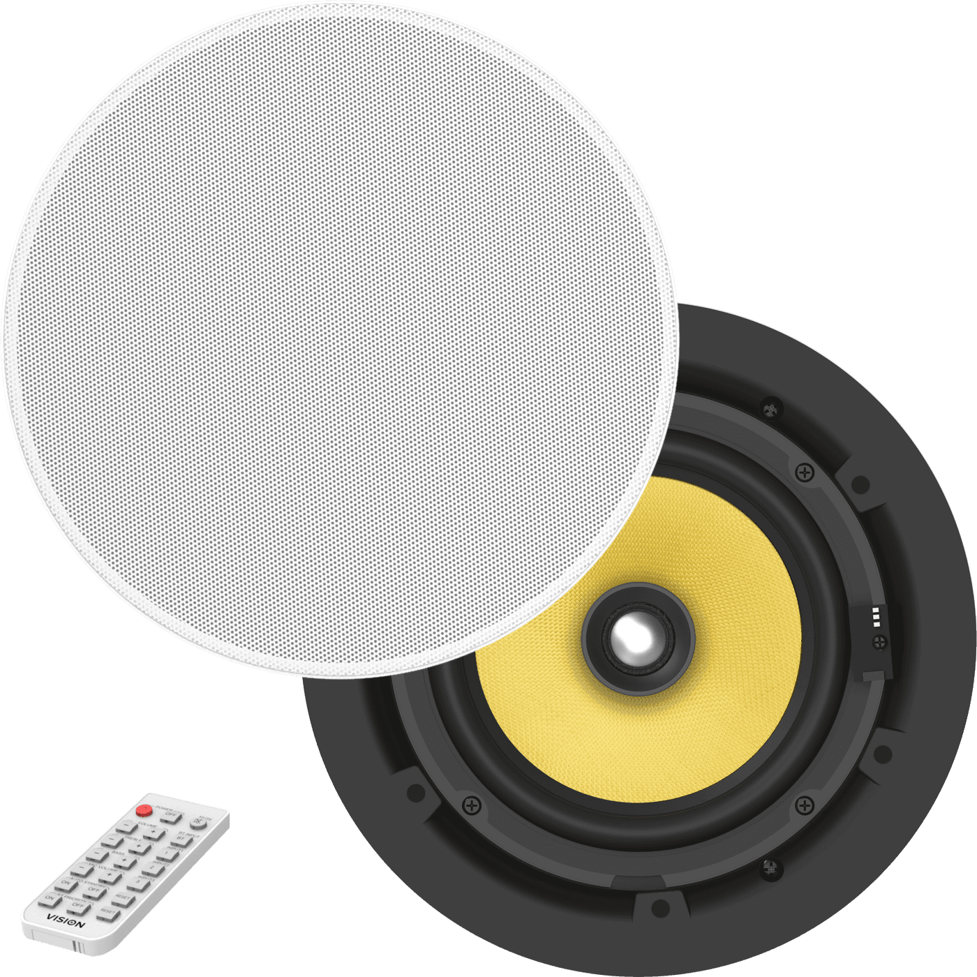 Vision CS-1900P active Bluetooth ceiling speaker, angled view with the white grille fitted