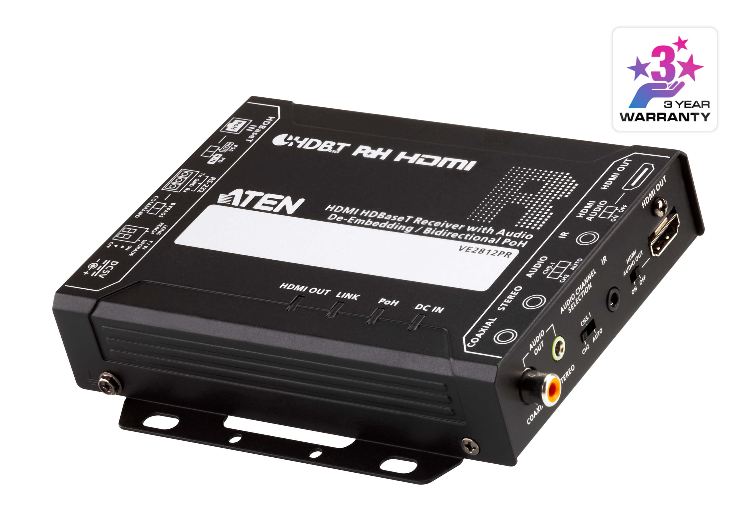 ATEN VE2812PR HDMI HDBaseT Receiver with Audio De-Embedding / Bi-directional PoH (4K@100m)(PoH PSE & PD) - angled product view