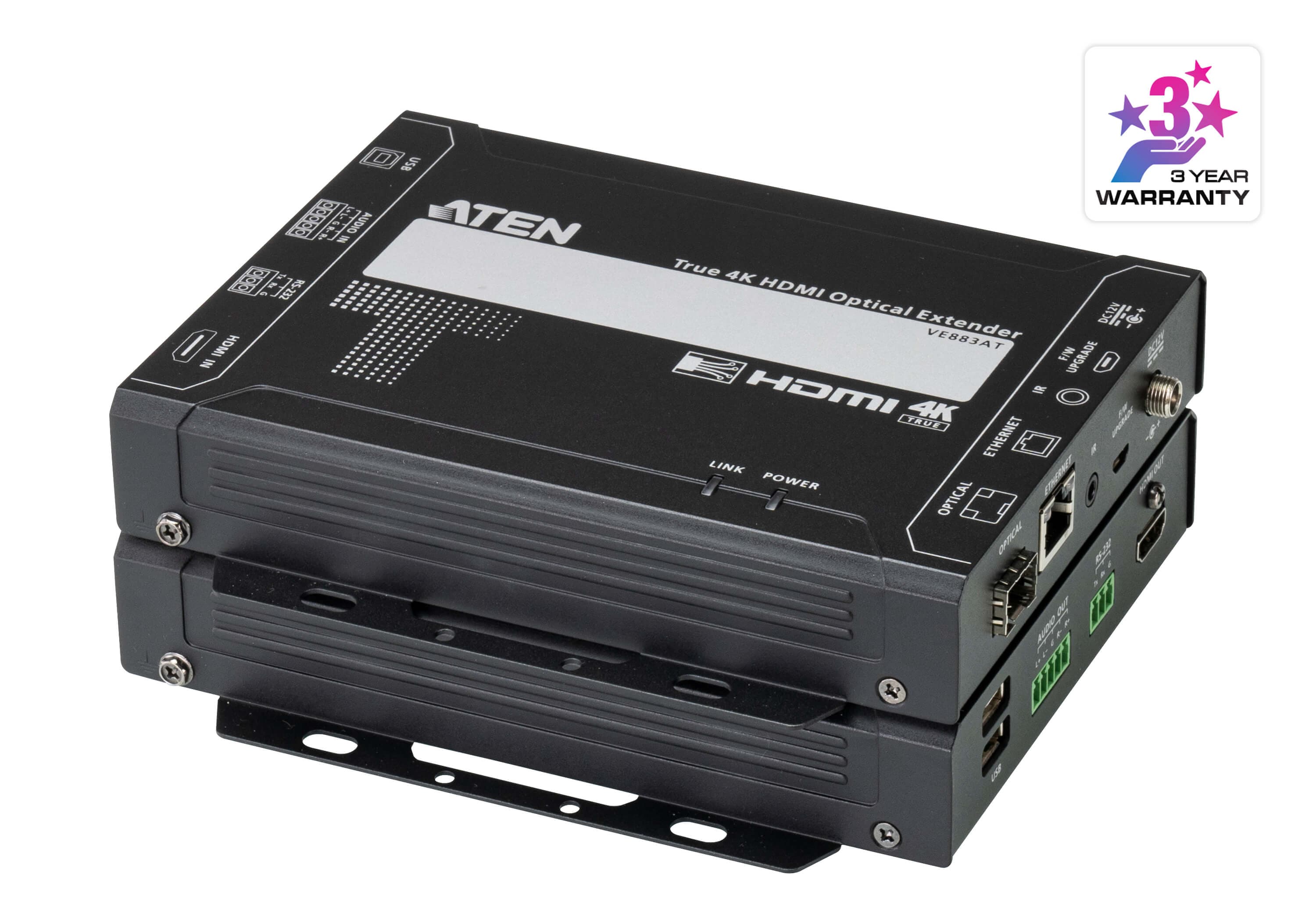 ATEN VE883AK2 True 4K HDMI Optical Extender Kit (Singlemode, 10 km) - angled product view (ATEN publishes one photo for the VE883A series - shown here is the transmitter and receiver pair; the K1/K2 difference is the supplied SFP+ module, not the hardware)