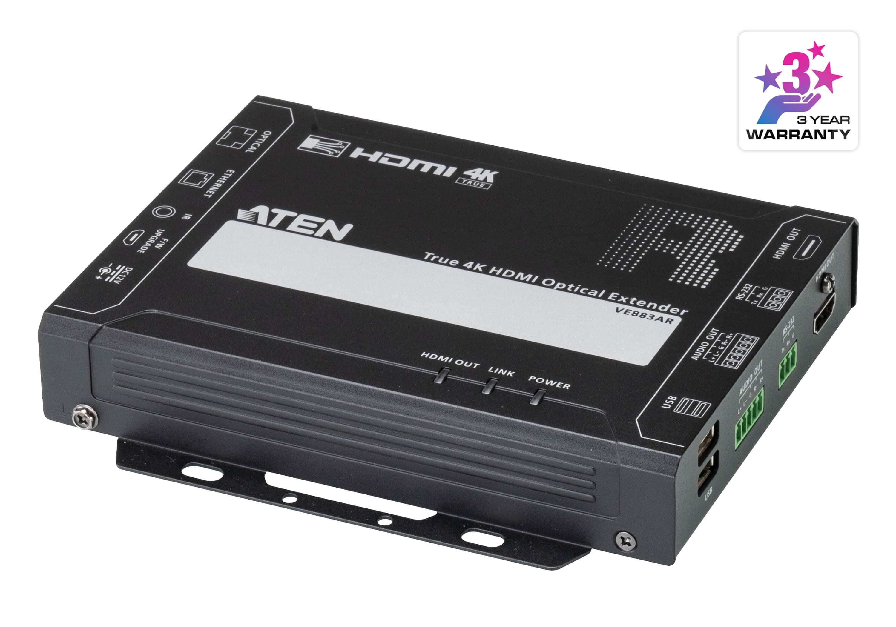 ATEN VE883ARK1 True 4K HDMI Optical Receiver (Multimode, 300 m) - angled product view (ATEN publishes one photo for the VE883AR - the K1/K2 difference is the supplied SFP+ module, not the receiver itself)