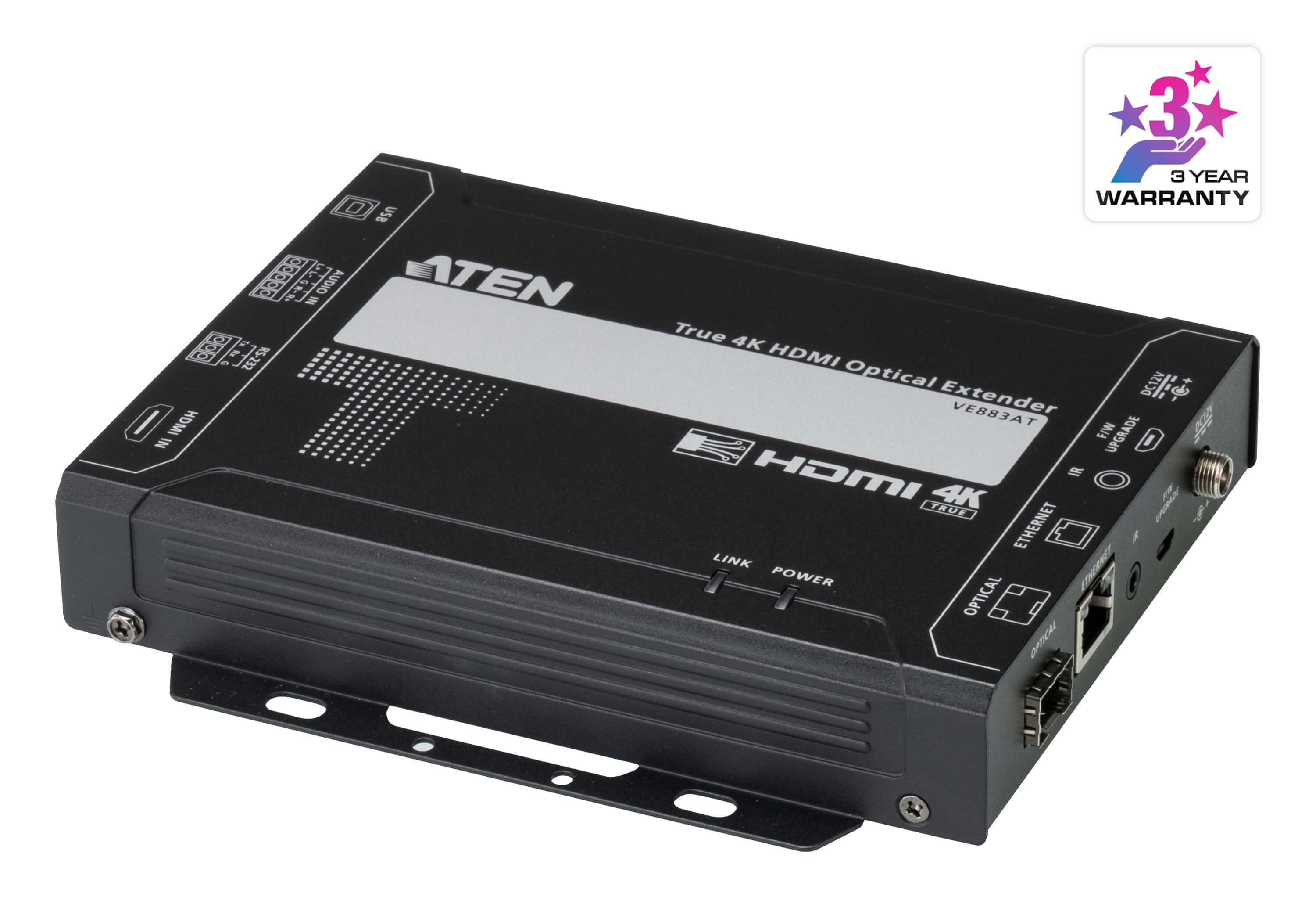 ATEN VE883ATK2 True 4K HDMI Optical Transmitter (Singlemode, 10 km) - angled product view (ATEN publishes one photo for the VE883AT - the K1/K2 difference is the supplied SFP+ module, not the transmitter itself)