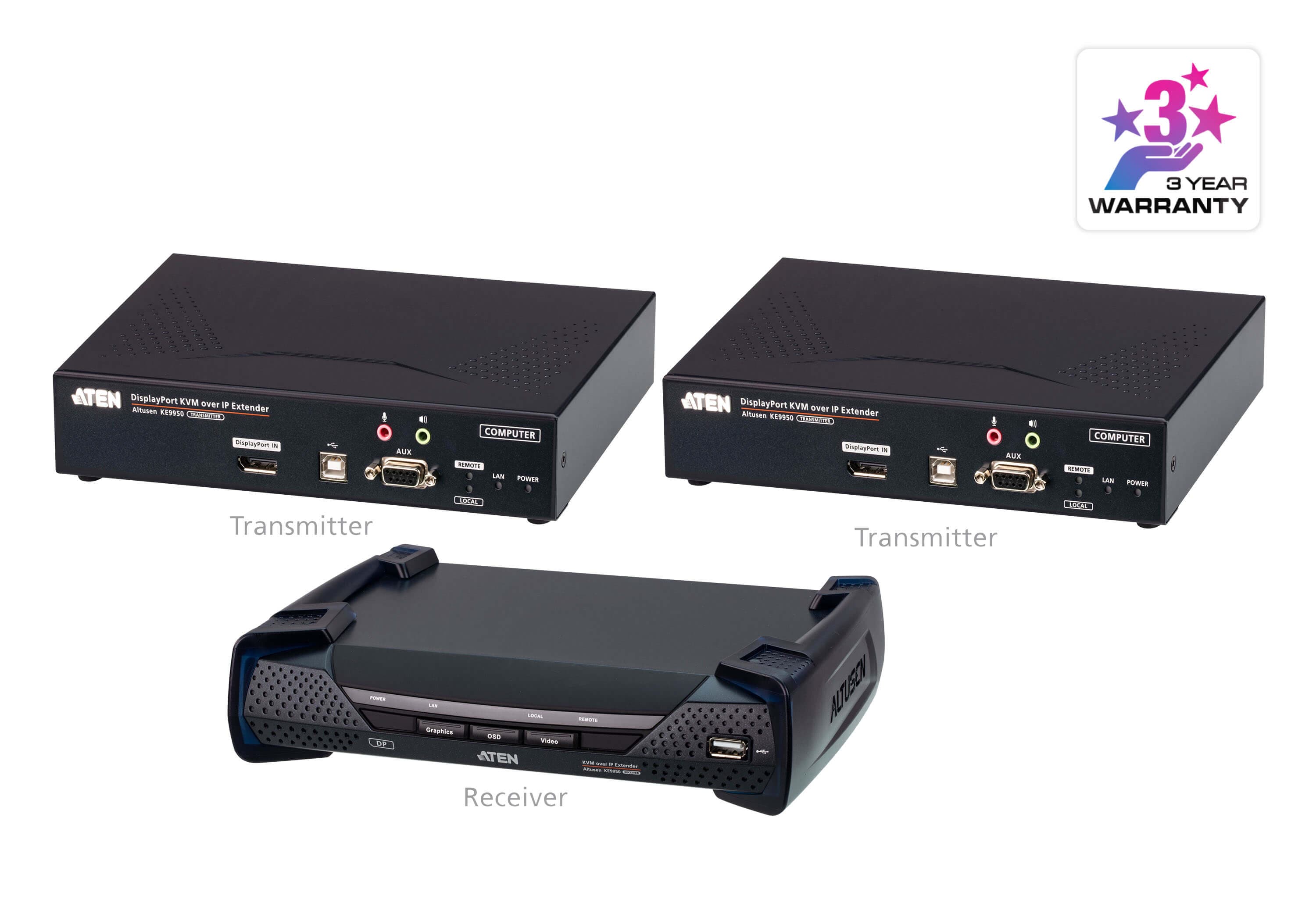 ATEN KE9950ATC KVM over IP air traffic control bundle — all three units supplied in the bundle, three-quarter view.