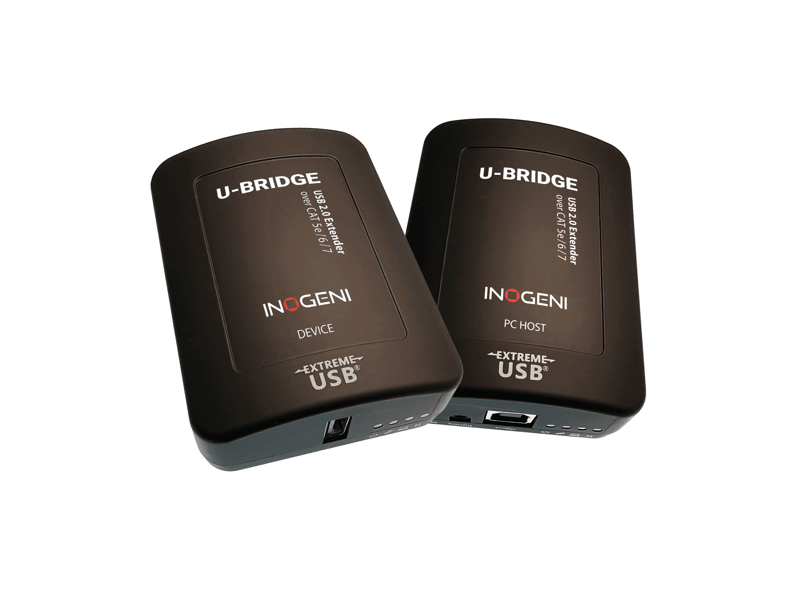 INOGENI U-BRIDGE PC Host and Device extender modules in black rubberised ABS enclosures